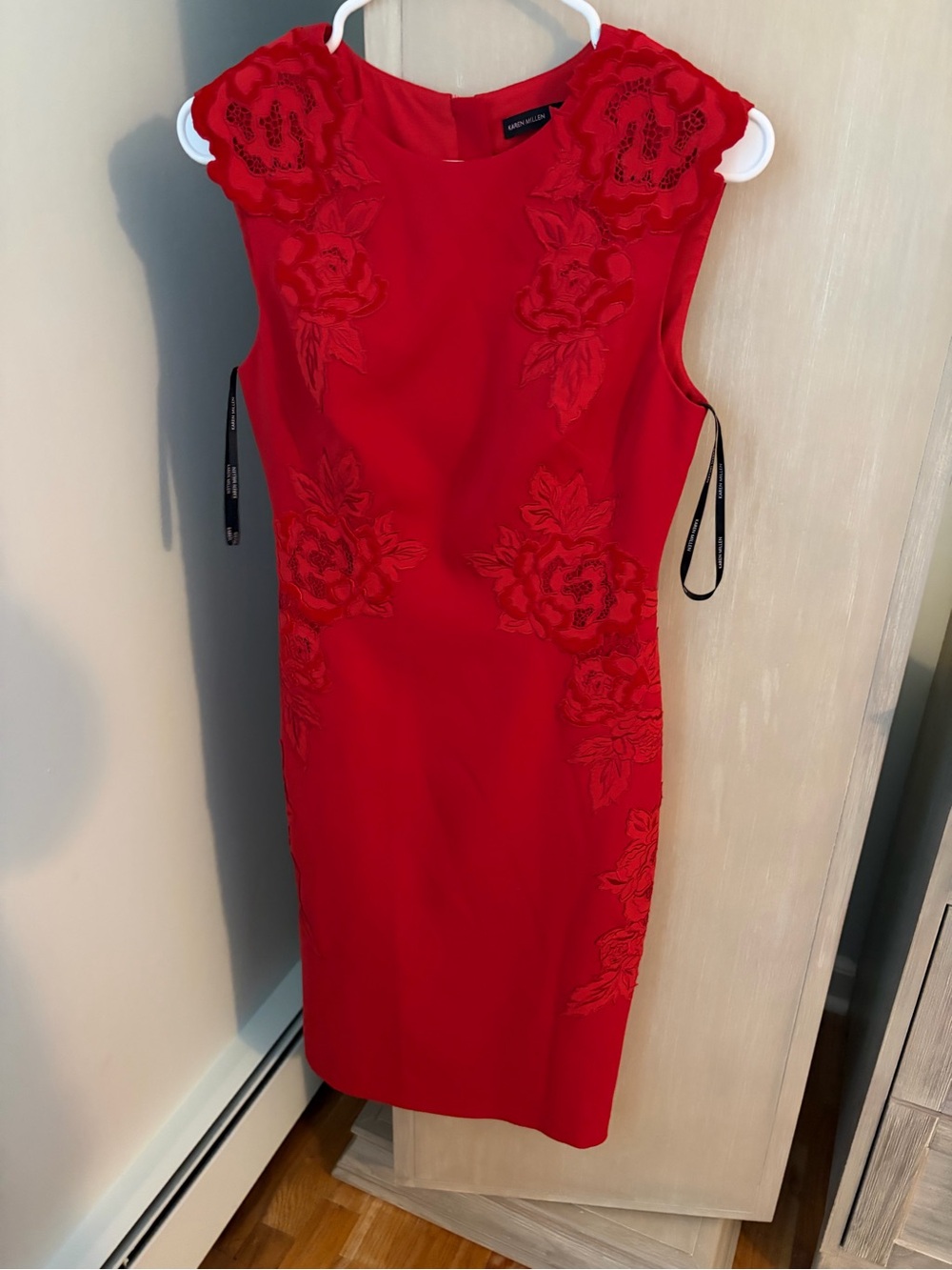 Karen Millen Red Floral-Appliqué Midi Sheath Dress
